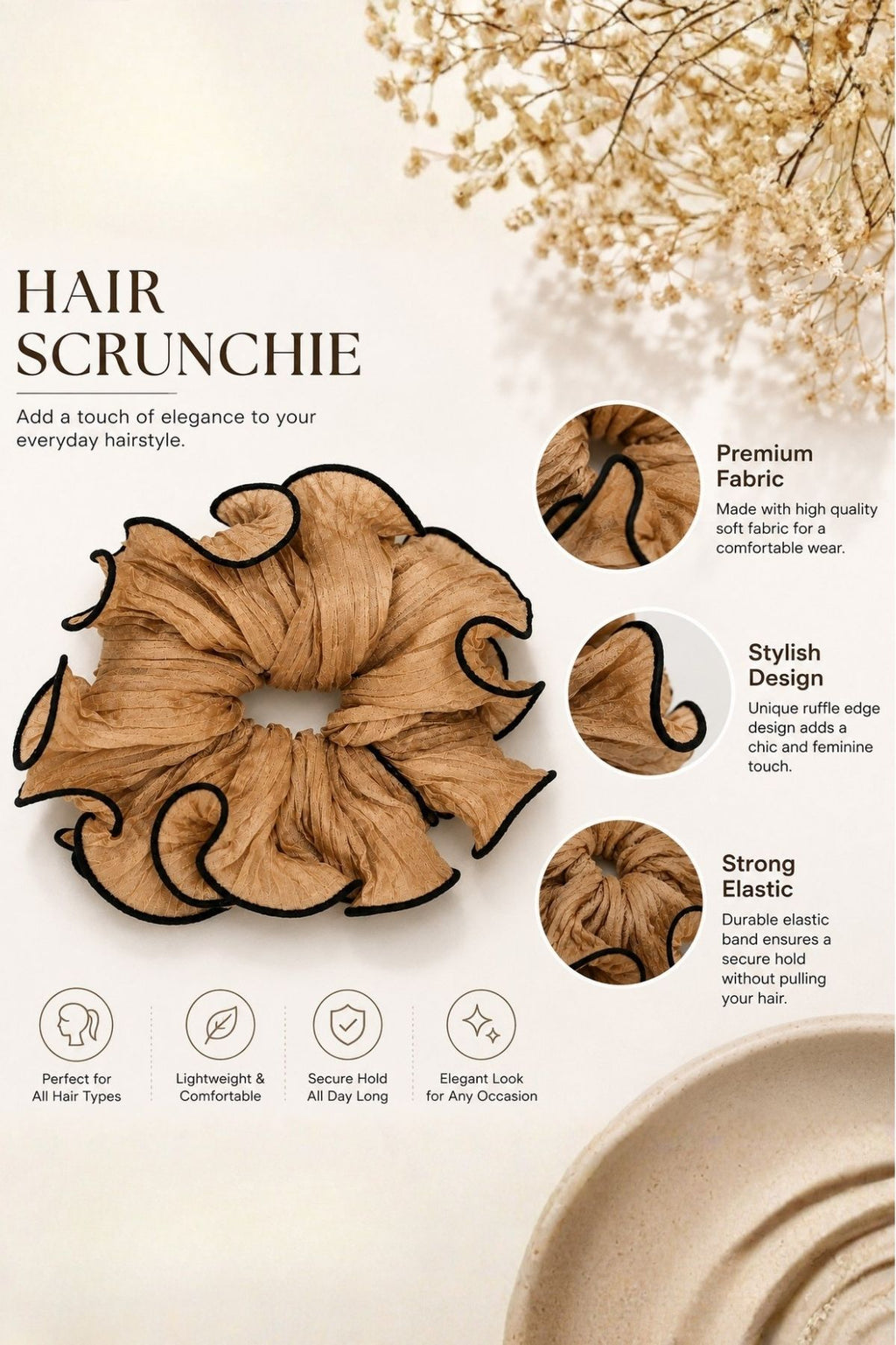 Beige Ruffle Organza Scrunchie