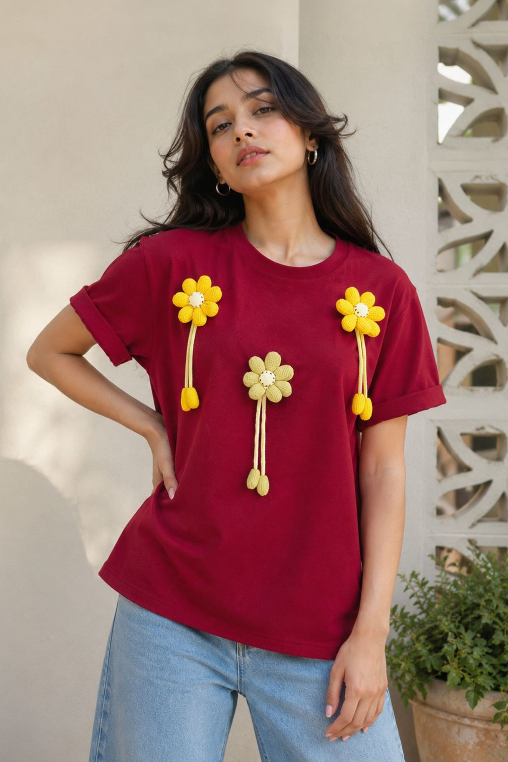Maroon 3D Floral T-Shirt