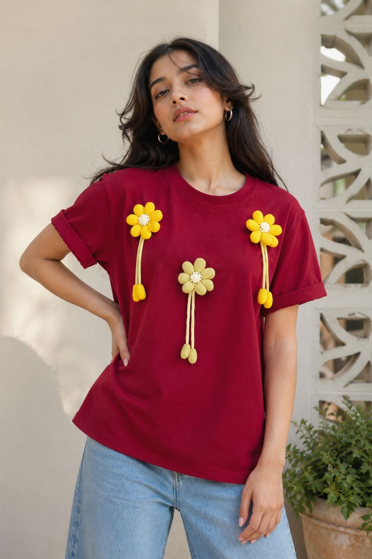 Maroon 3D Floral T-Shirt
