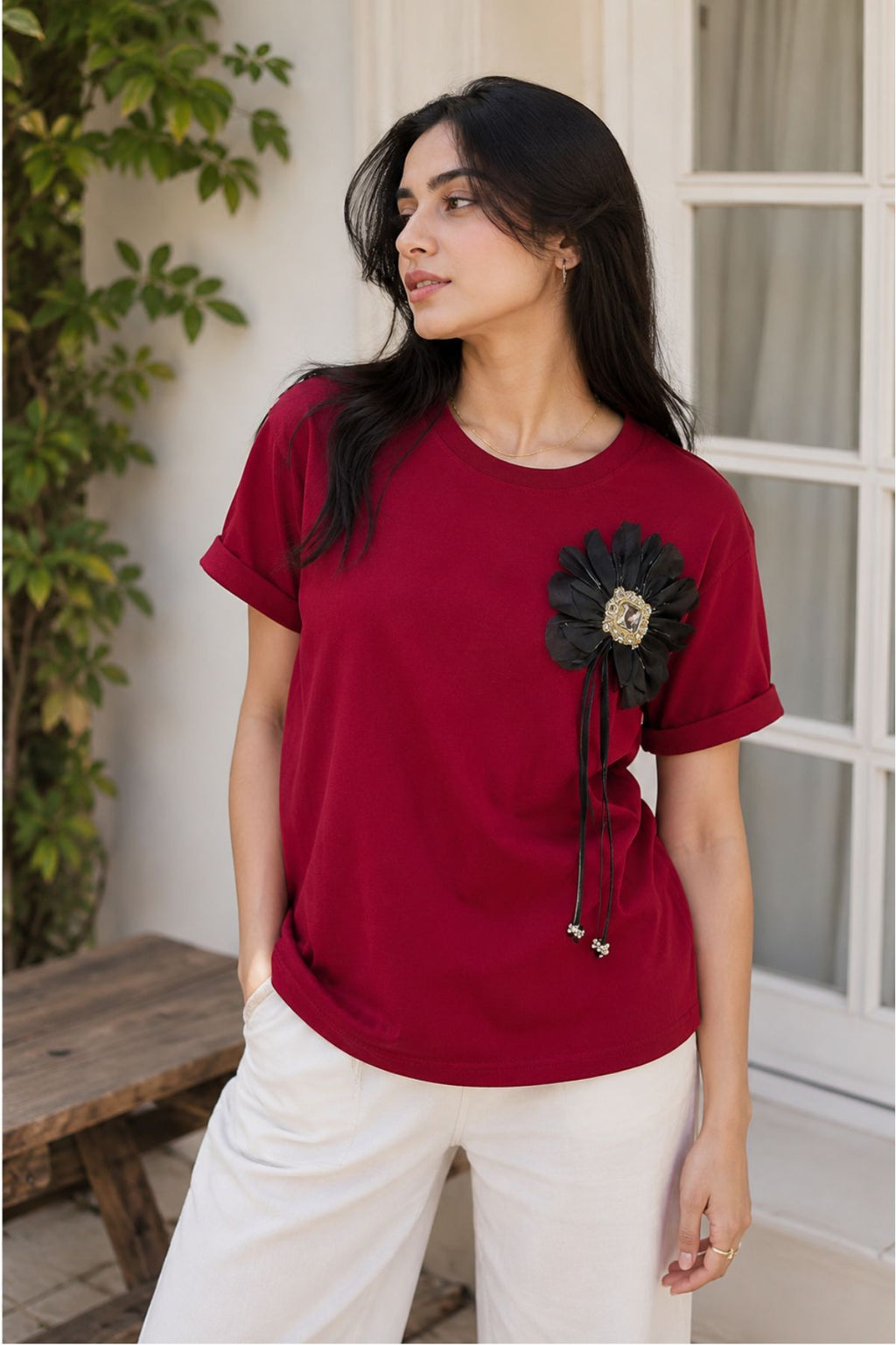 Maroon Single Flower T-Shirt