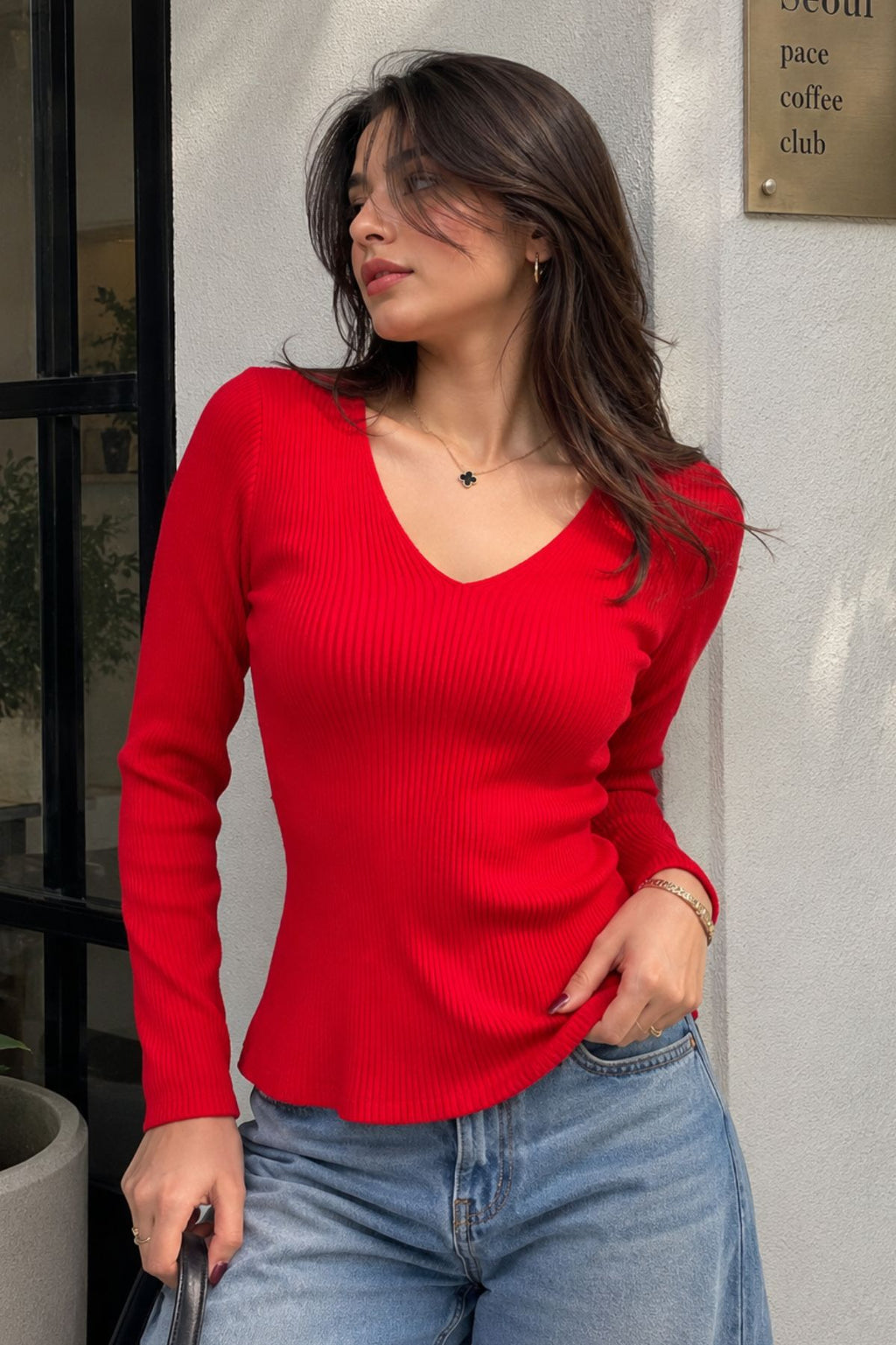 Red Ribbed Long Sleeve Pullover Top