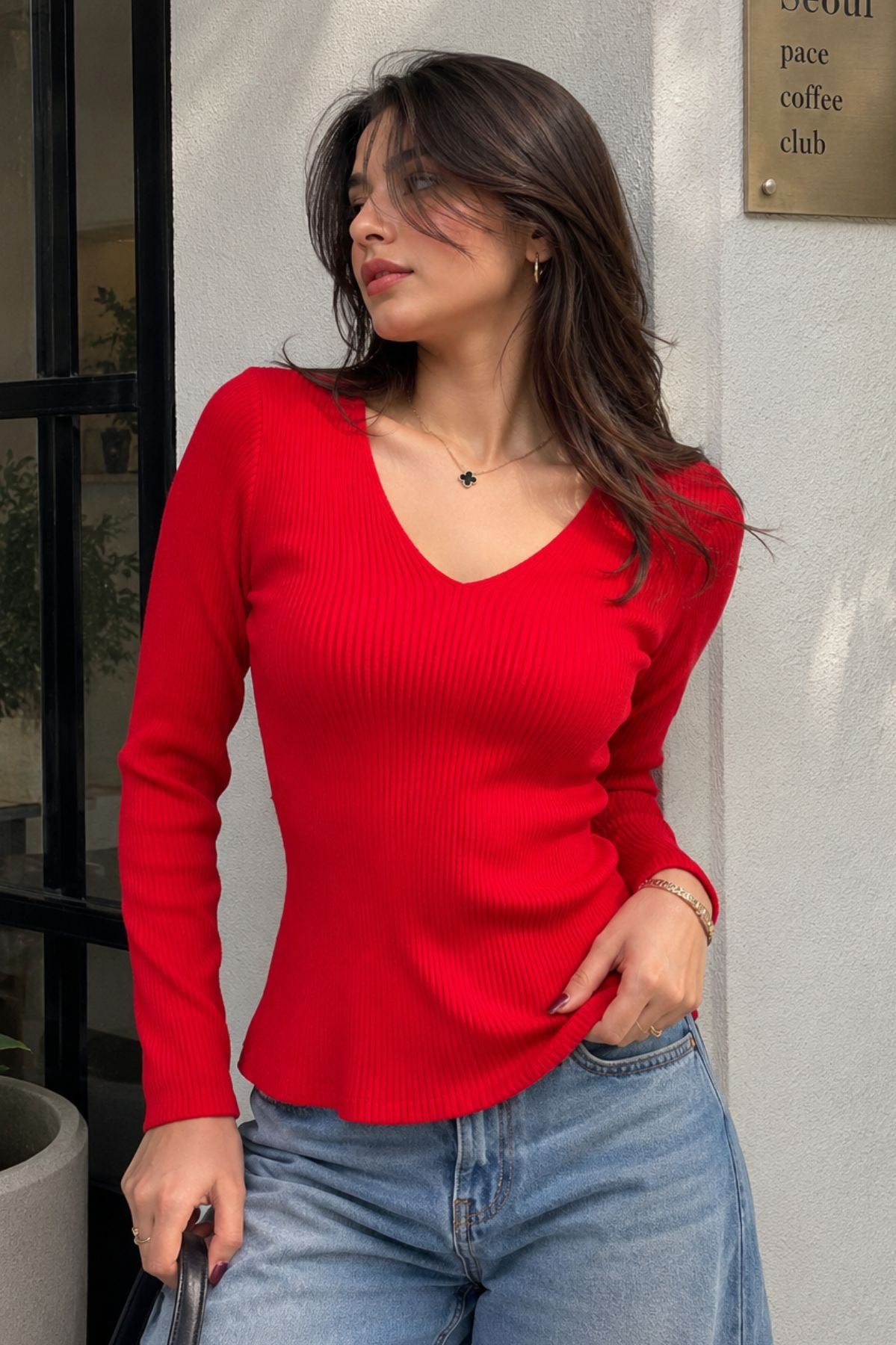 Red Ribbed Long Sleeve Pullover Top