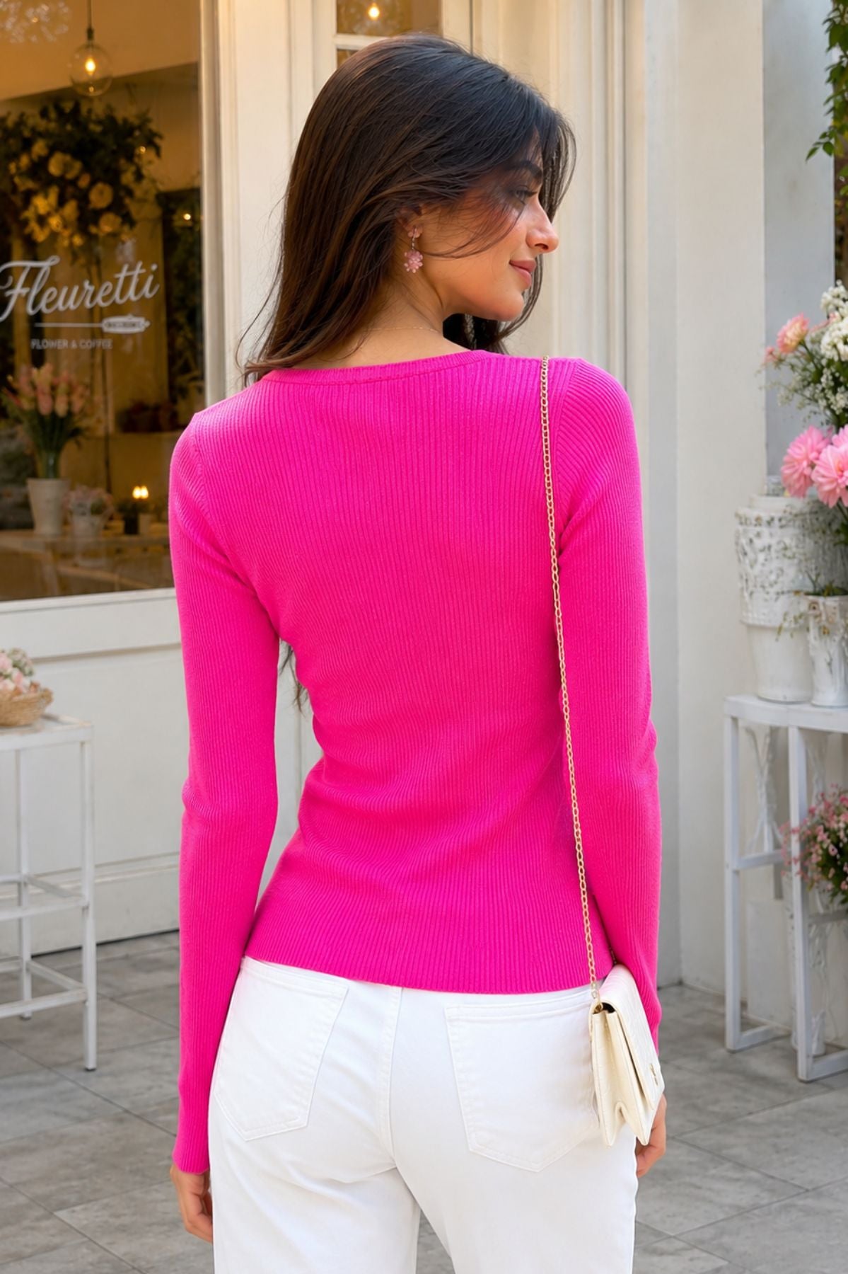 Pink Ribbed Long Sleeve Pullover Top