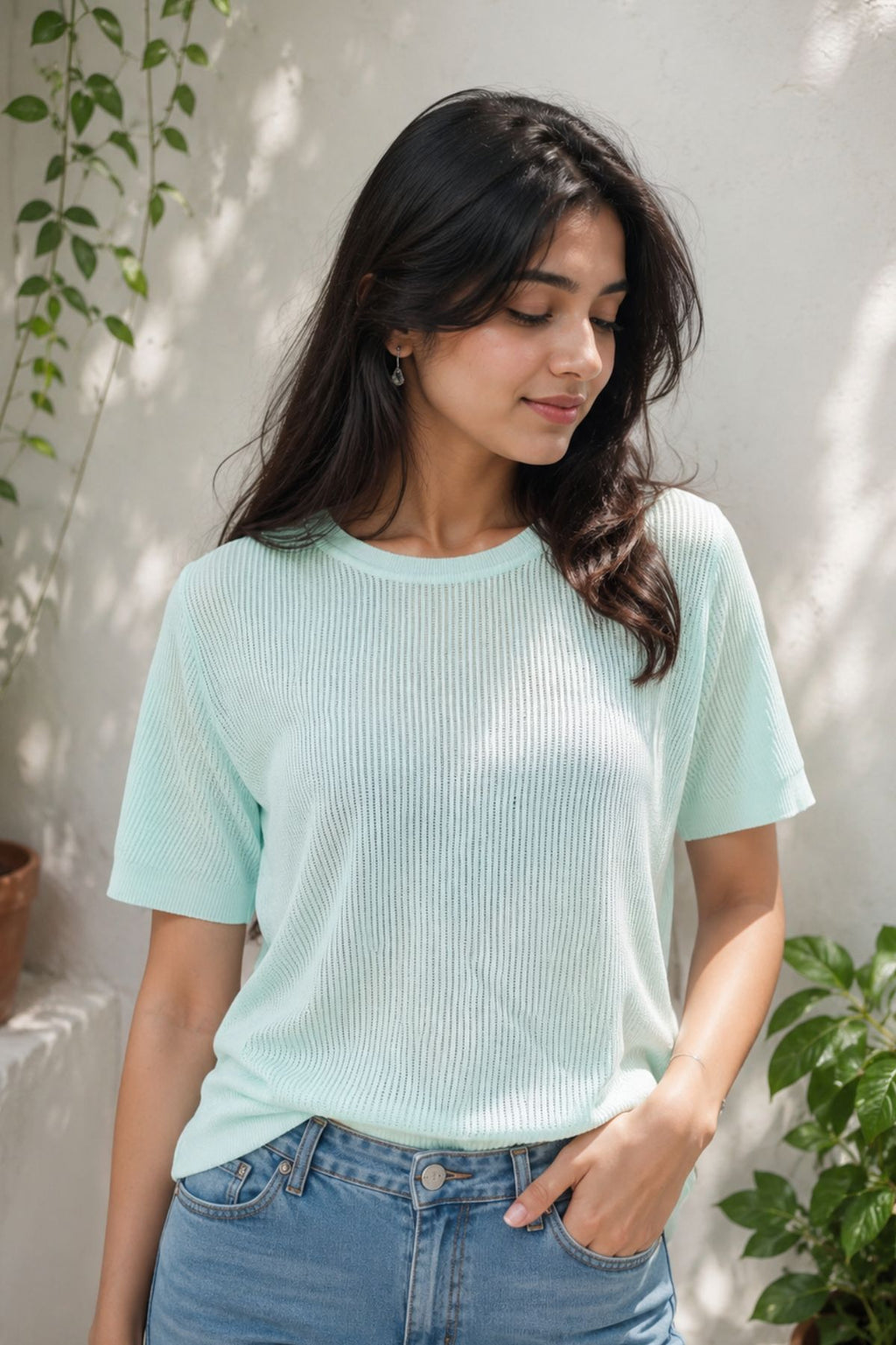 Sky Blue Ribbed Knit Top