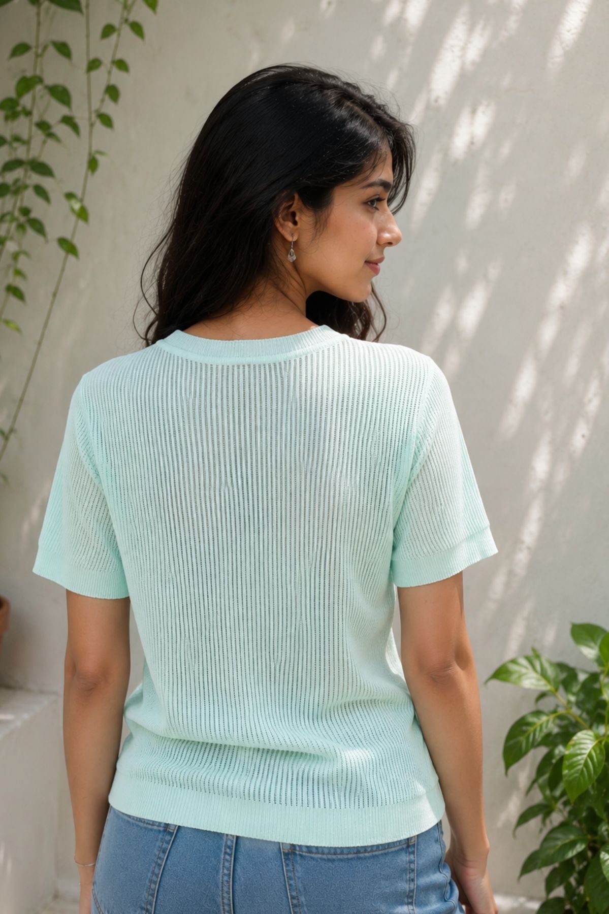 Sky Blue Ribbed Knit Top