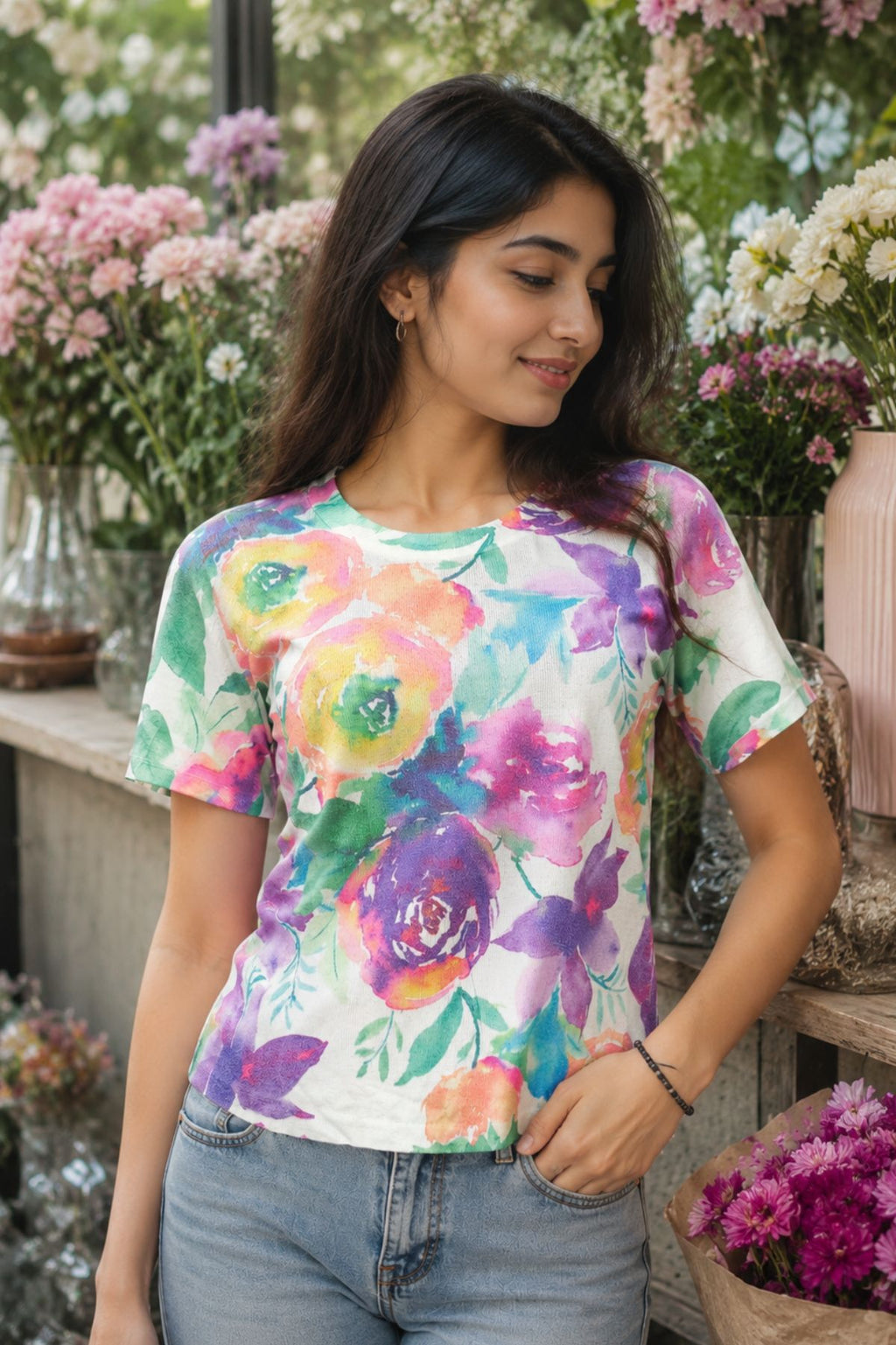 Sheer Pleat Floral Crewneck Knit Top