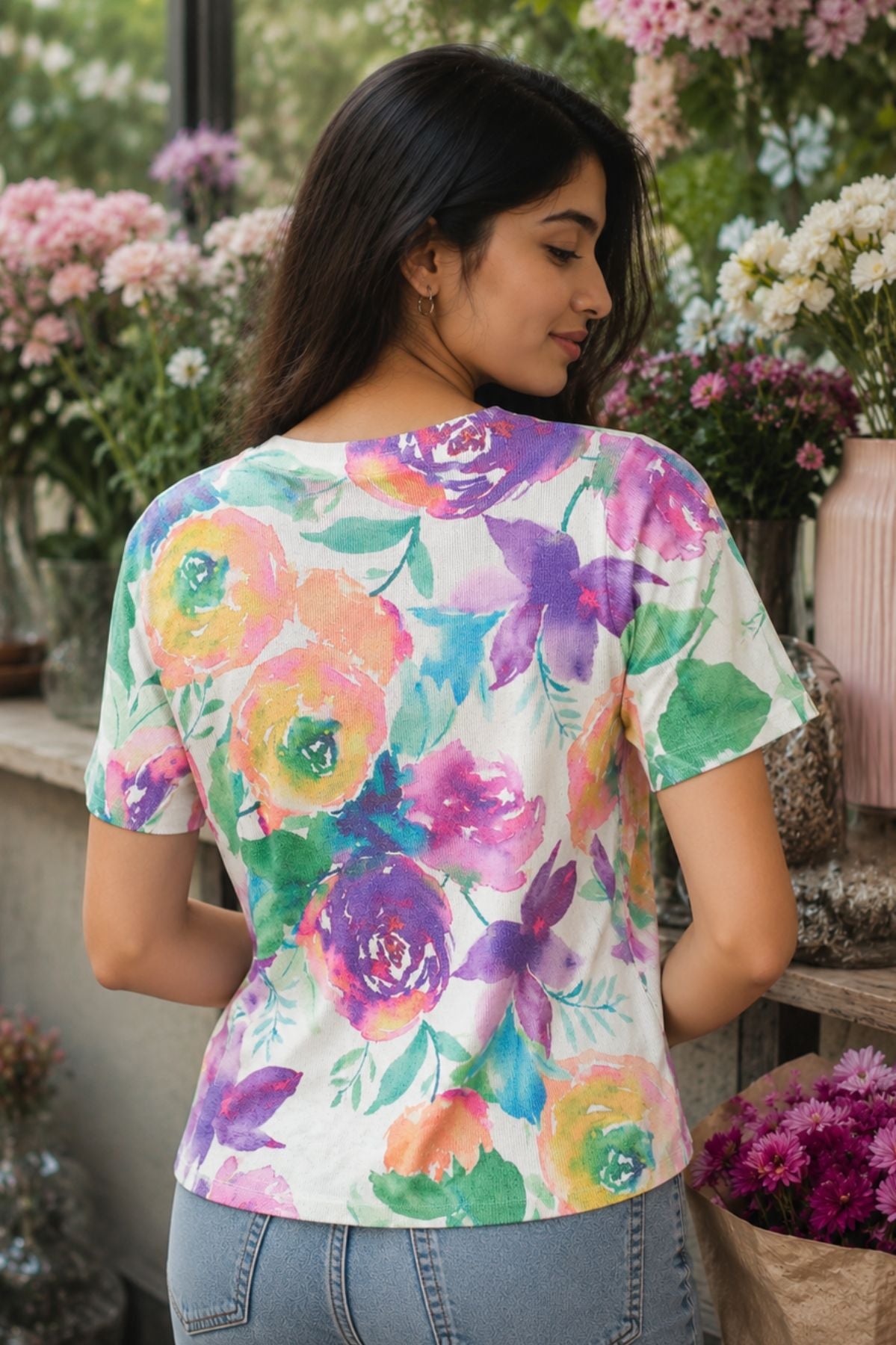 Sheer Pleat Floral Crewneck Knit Top