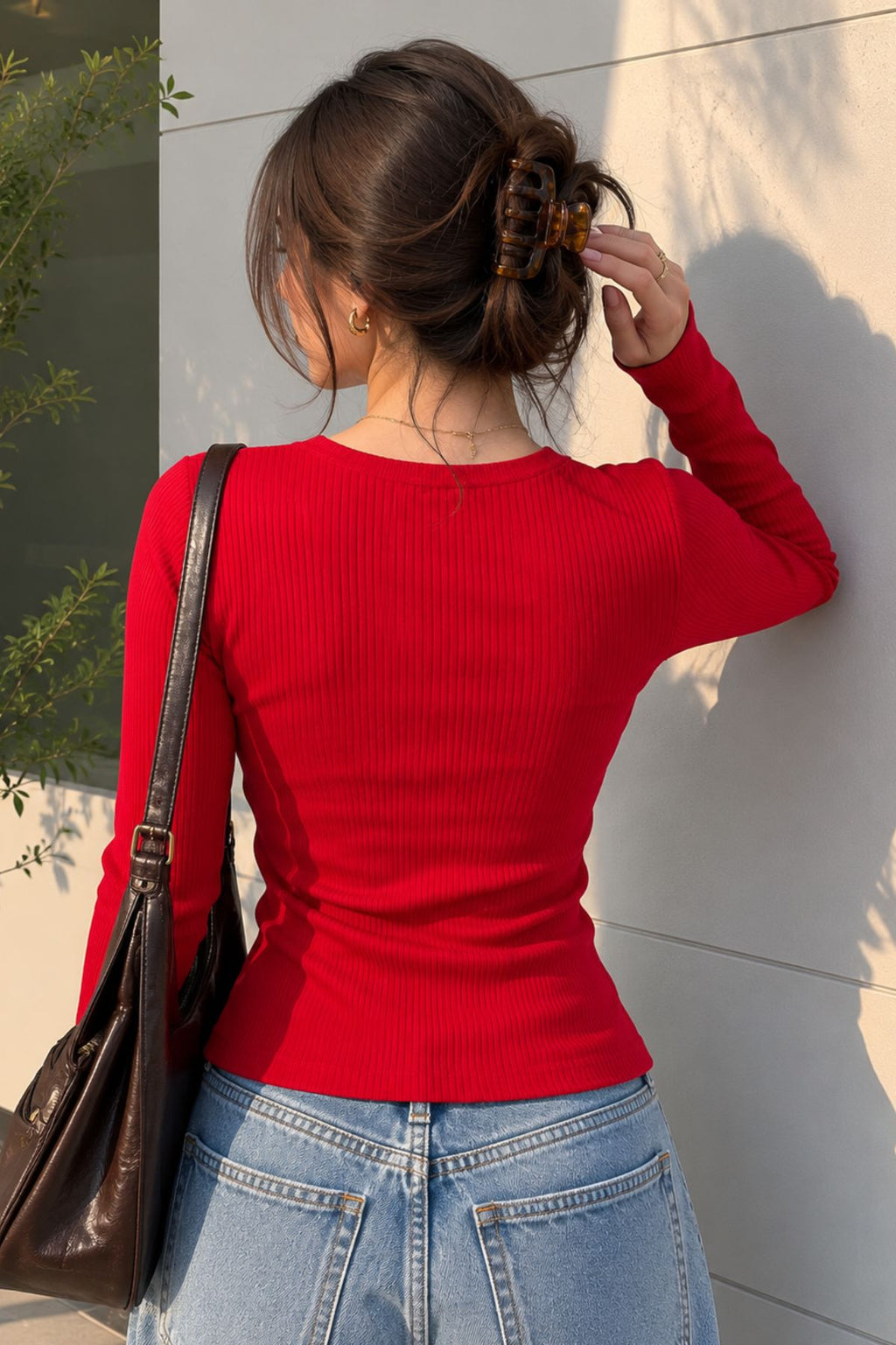 Red Ribbed Long Sleeve Pullover Top