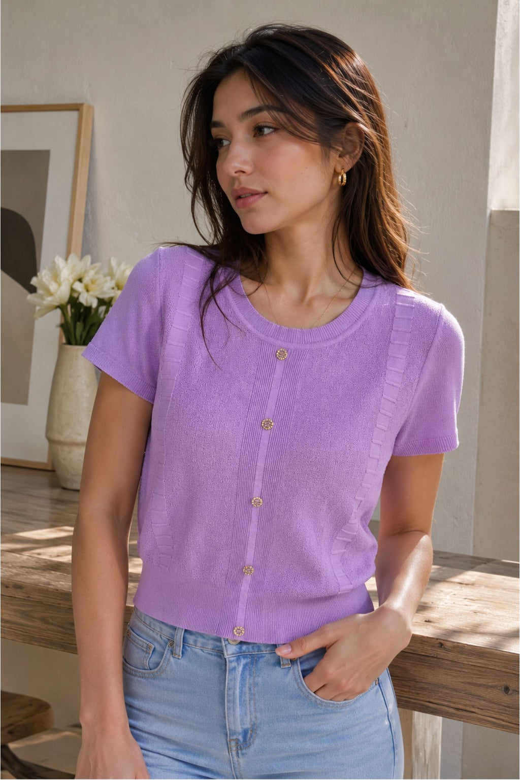 Mira Purple Sweater Knit Top – Round Neck Half Sleeves