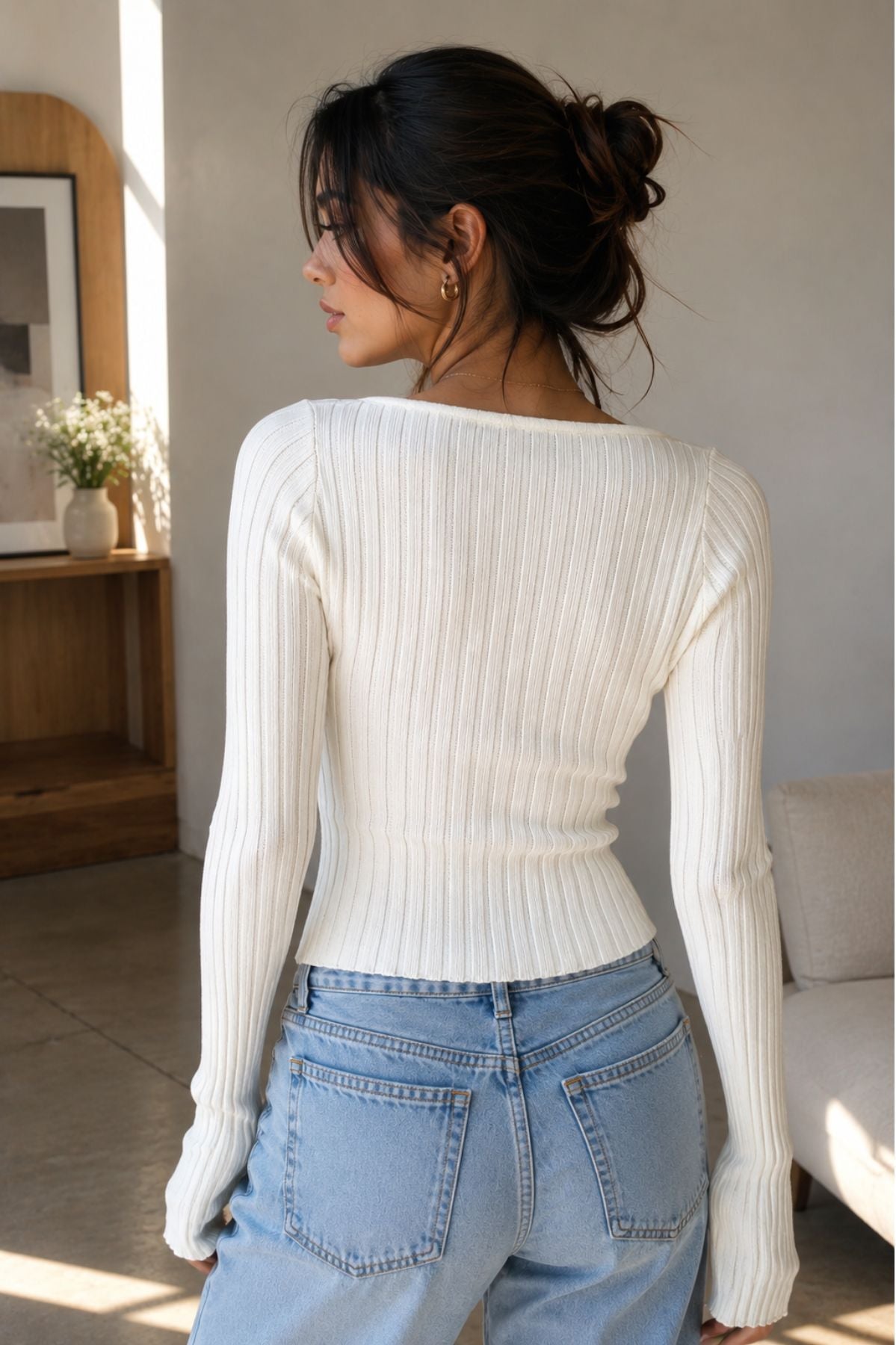 White Sweetheart Ribbed Knit Top