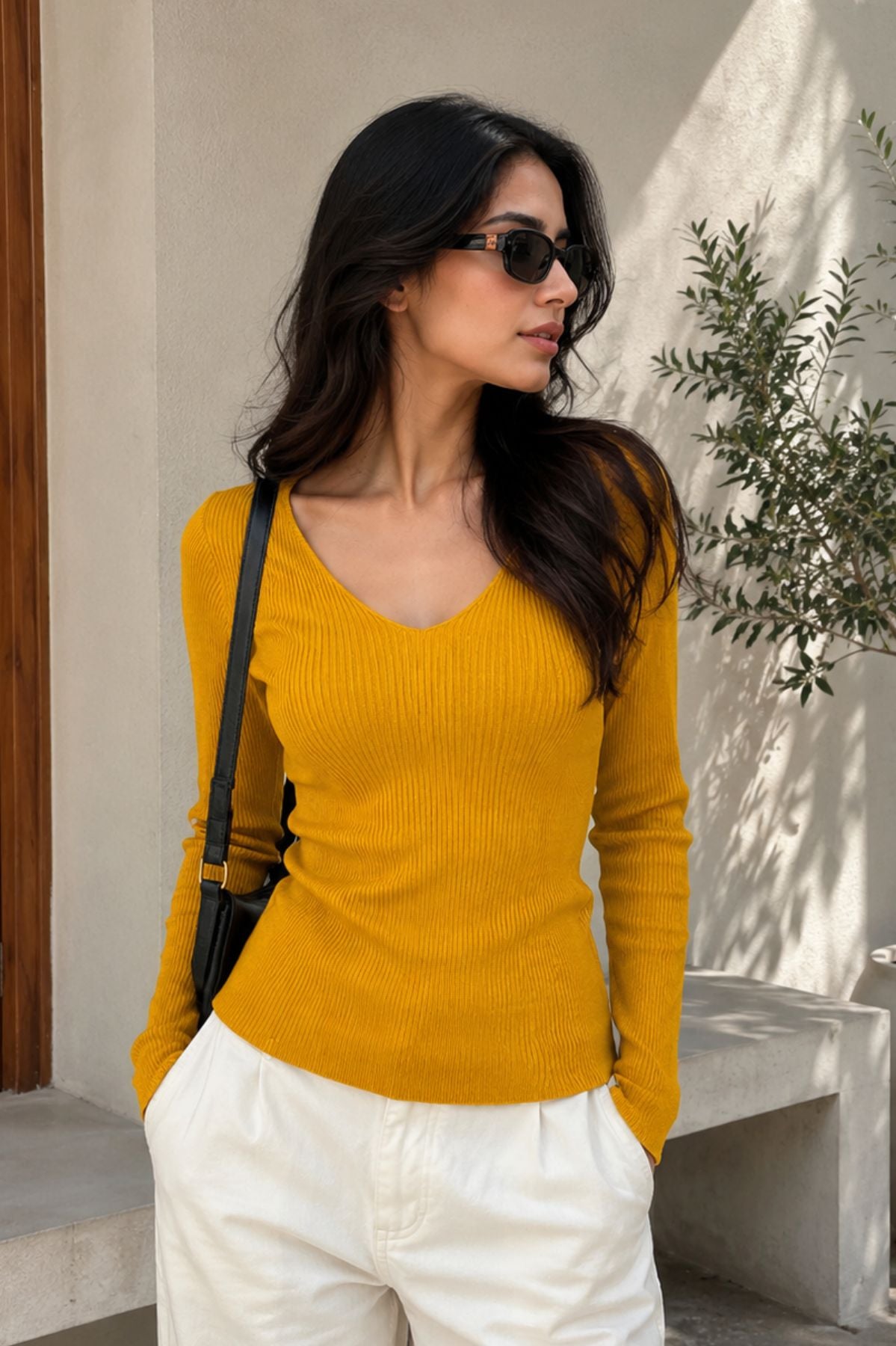 Yellow Ribbed Long Sleeve Pullover Top